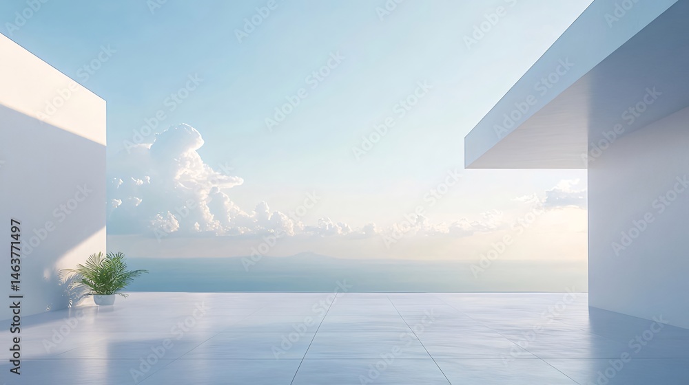 Poster ミニマリスト建築のテラスからの晴れた日の穏やかな空と雲の風景 白い建築構造とコンクリートのテラス 観葉植物のアクセント