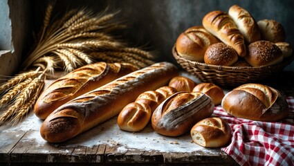 Warm baked bread placed on a rustic wooden worktop with room for presentation, healthy eating idea, flat lay shot