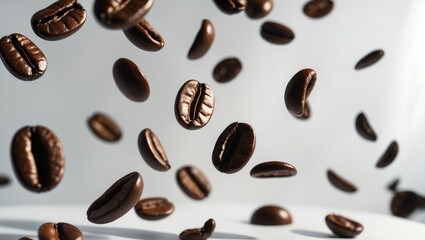 Fototapeta premium Falling coffee beans isolated on a textured white surface