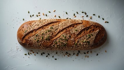 Top-down shot of a multigrain loaf of whole grain bread with edible seeds isolated on white
