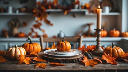 Dinner table decorated with pumpkins, fall leaves, and a candlestick against a kitchen backdrop for holiday home decor