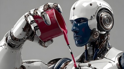 Fototapeta premium A futuristic robot with intricate mechanical parts pours a red liquid from a cup in a dramatic scene.