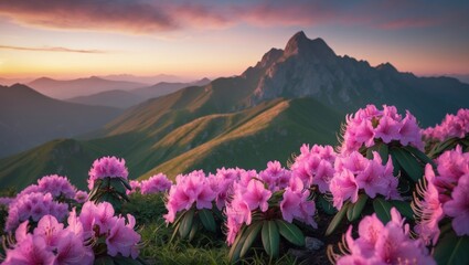 Magic pink rhododendron flowers against a summer mountain backdrop, a world of beauty