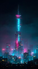Obraz premium Futuristic megacity skyline bathed in neon hues during twilight night