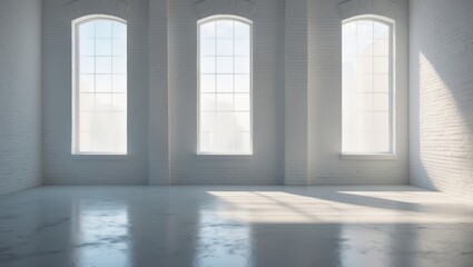 Interior of a white brick loft with window and minimalistic design