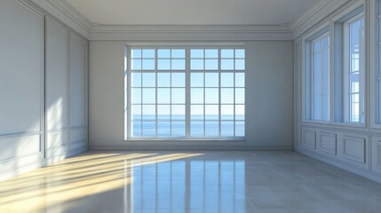 Obraz premium Empty, sunlit room with large ocean view