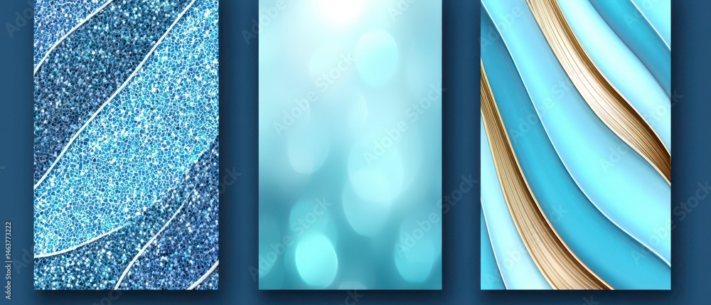 Poster abstract patterns in blue tones with textures and gradients.