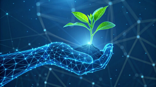 Futuristic Digital Hand Holding Plant Technology and Sustainability Concept.Digital hand nurturing a green sprout, symbolizing technological growth and environmental sustainability in a futuristic.