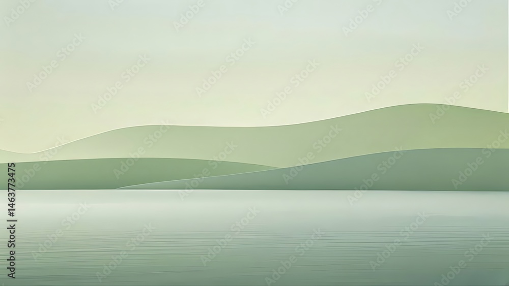 Poster 静かな水と緑のパステルカラーの山々が背景にぼやけて見える日本の風景
