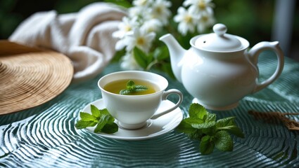 Relaxing outdoor setting featuring a white teapot and cup of herbal tea with mint leaves on a glass table, surrounded by soft fabric, a straw hat, and white flowers.