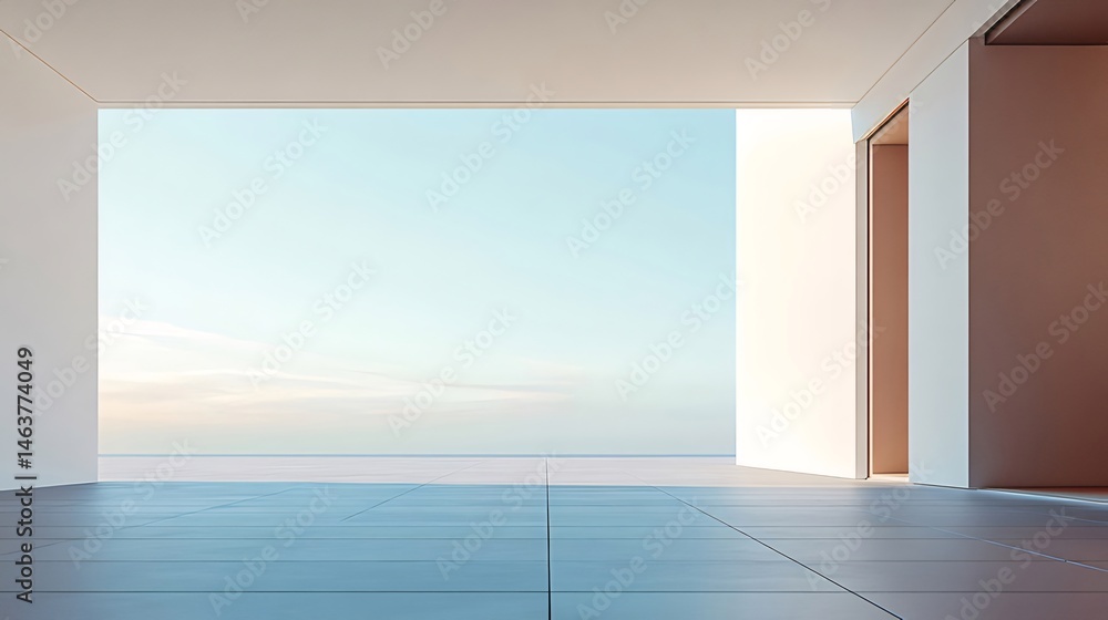 Poster ミニマリスト建築 白い壁と床の広い空間 広がる空と海を望む窓 静寂と開放感のあるデザイン