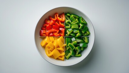 Fresh chopped capsicum and peppers in a white bowl, isolated top view for healthy vegetarian salad