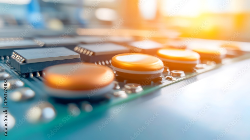 Poster close-up view of modern circuit board with glossy buttons and chips