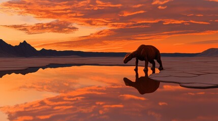 Fototapeta premium Serene Sunset Reflection: Witness a singular dinosaur silhouetted against a breathtaking sunset over tranquil water, showcasing nature's majesty., 