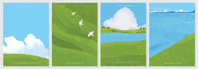 Gordijnen Abstract Green Summer landscape background vector set. Nature wallpaper of green field on mountain, yellow flowers, blue sky , birds, river. Watercolor illustration for cover, wall art, decoration. © babeer
