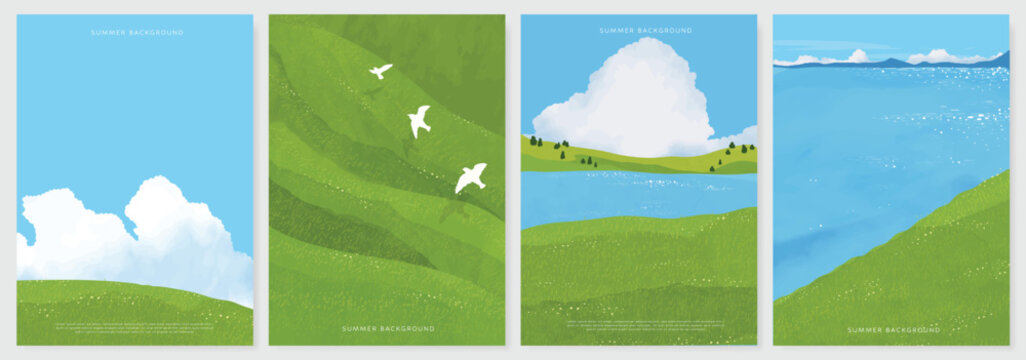 Abstract Green Summer landscape background vector set. Nature wallpaper of green field on mountain, yellow flowers, blue sky , birds, river. Watercolor illustration for cover, wall art, decoration.