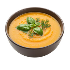 Bowl of soup with basil isolated on transparent background