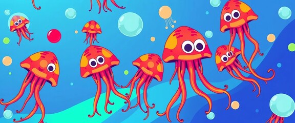 Vibrant cartoon jellyfish in pop art style repeat underwater pattern, seamless, pop art