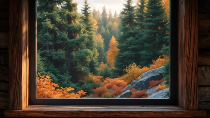 Serene pine trees and misty scenery creating a cozy retreat for reading by the window