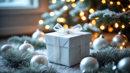 White gift box as part of holiday decor with lights and tree.