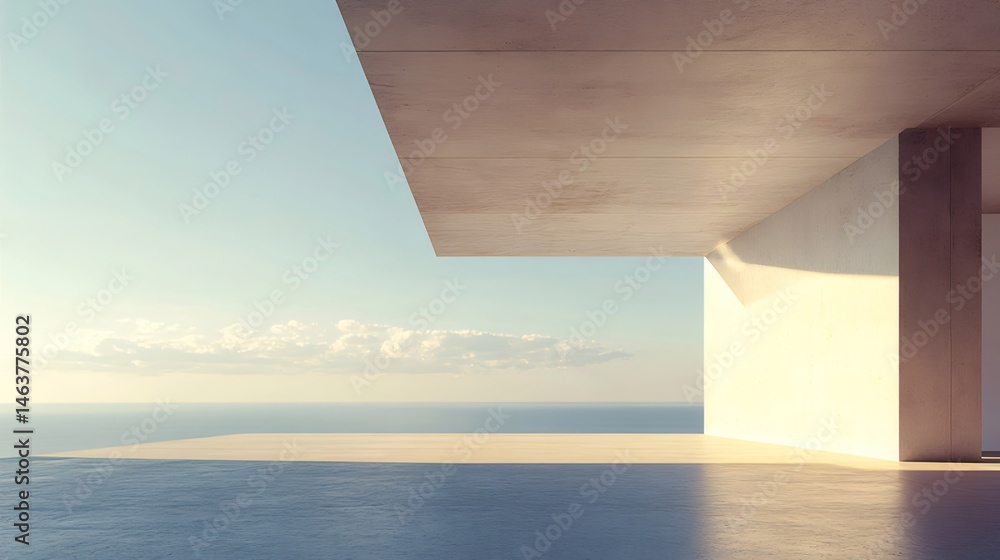 Poster ミニマルなコンクリート建築と青い海と空のパノラマ風景のテラスから水平線の眺めミニマルデザインと海の静けさ
