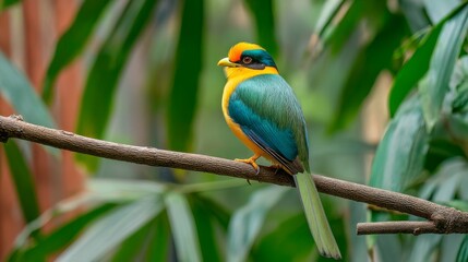 Naklejka premium Colorful exotic bird perched on branch amidst lush green foliage in vibrant tropical environment