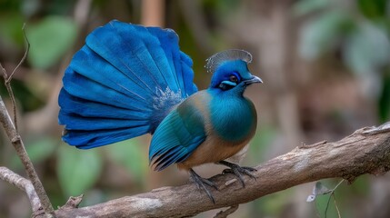 Obraz premium Vibrant Blue Bird with Displaying Feathers on Branch in Natural Habitat, Showcasing Stunning Colors and Unique Features