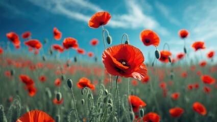 Obraz premium Scenic meadow of poppies with scarlet blossoms stretching towards the horizon on a sunny day