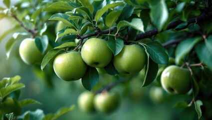 Juicy green apples dangling from tree limbs amidst vibrant leaves in an idyllic summer landscape