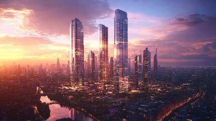 Fototapeta premium Futuristic city skyline at sunset
