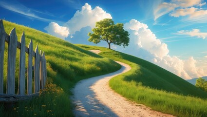 Meandering hill path in isolated countryside during bright daylight