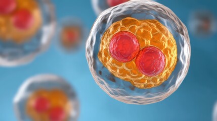 Cell division process mitosis stage with one cell splitting into two identical cells microscopic biological concept, biological structures