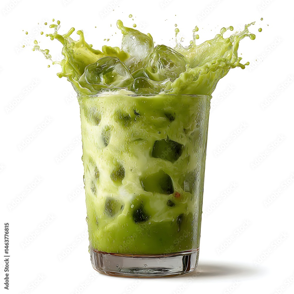 Poster refreshing matcha iced latte splash: a vibrant matcha iced latte with ice cubes creates a refreshing
