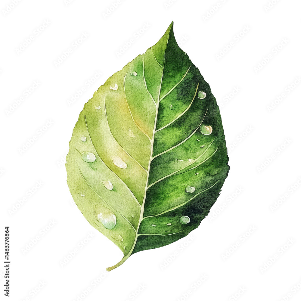 Poster watercolor rendition of a verdant leaf adorned with dewdrops, creating a fresh botanical artwork