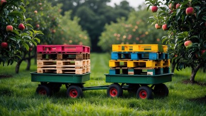 Farm scene with wagons in an apple orchard, capturing the tradition of picking fresh, locally grown apples for a family outing and farm produce enjoyment.