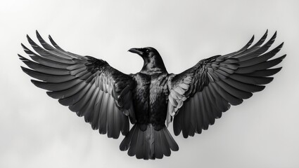 Fototapeta premium Isolated white background featuring a black bird with spread wings and feathers
