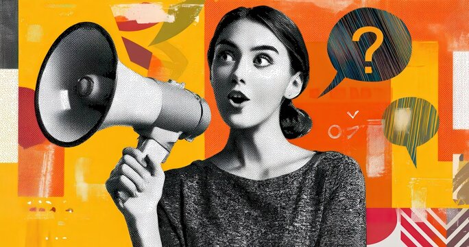 Woman with megaphone and question symbol.