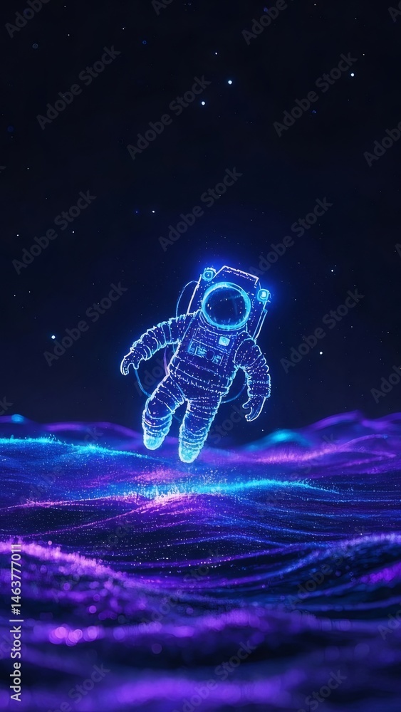 Aufkleber ネオンブルーの宇宙飛行士が浮かぶ紫色の波の上の幻想的な光のシーンでサイエンスフィクションの夜空の背景