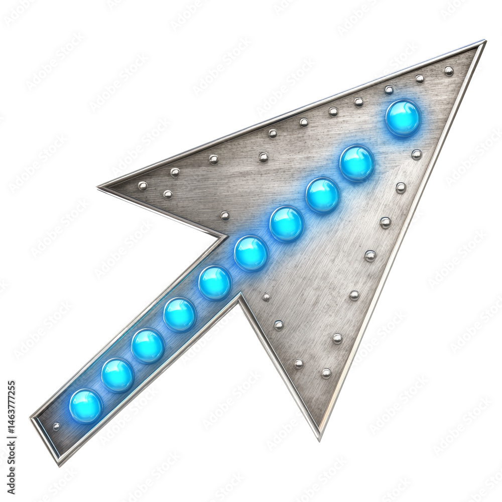 Poster Stylized metallic arrow indicator with luminous blue spherical markers design element