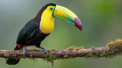 Fototapeta premium Vibrant toucan perched on a branch showcasing brilliant colors against a blurred green background in a tropical setting