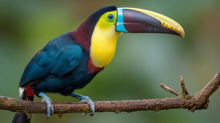 Fototapeta premium Brightly Colored Toucan with Vibrant Beak Resting on Branch Surrounded by Lush Green Foliage in Natural Habitat