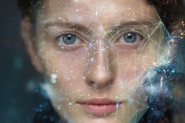 Woman's face overlaid with digital geometric patterns.