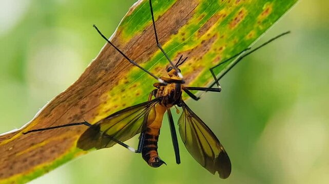 Macro Shot of Crane Fly Resting on Leaf &ndash; Insect Close-Up in Natural Habitat