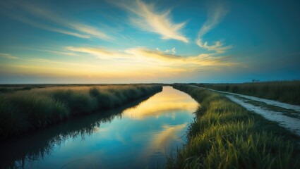 Obraz premium Wandering through the idyllic land and landscape by the calm estuary during sunset