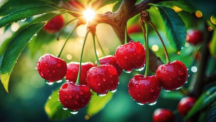 Obraz premium Juicy acerola cherries in a garden setting under rain, emphasizing health and natural nutrition