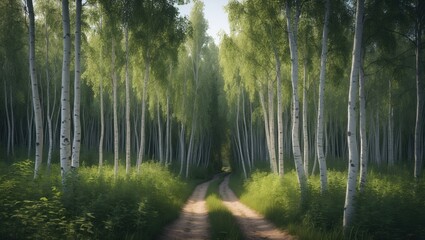 Obraz premium Bright summer scene in a rural landscape featuring birch trees along a woodland trail