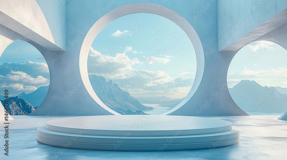 Poster ミニマルな白い建築構造と丸い窓から見える山の風景 静かな抽象的な背景デザイン
