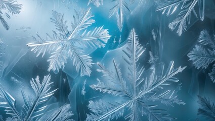 Blue icy frost background featuring winter window with snow and Christmas ornaments
