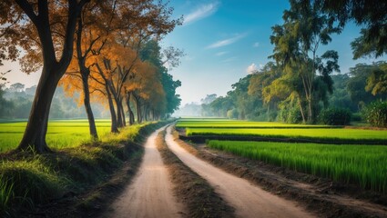 Fototapeta premium Country Dirt Road Traversing Green Fields with Blue Sky Background