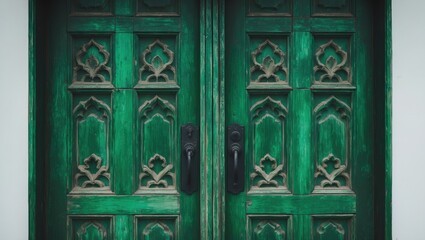 Obraz premium Old-world green wooden door featuring detailed carvings and a black lock, set against a weathered stone building